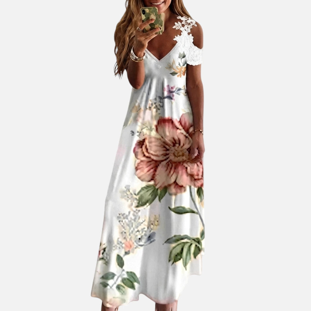 Robe Longue Blanche Fleurie à Détails Dentelle