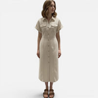 Robe Midi en Denim Boutonnée à Manches Courtes