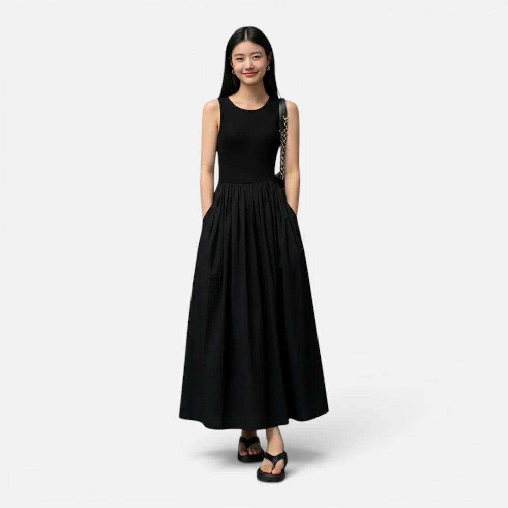 Robe Mi-Longue Évasée Sans Manches avec Poches