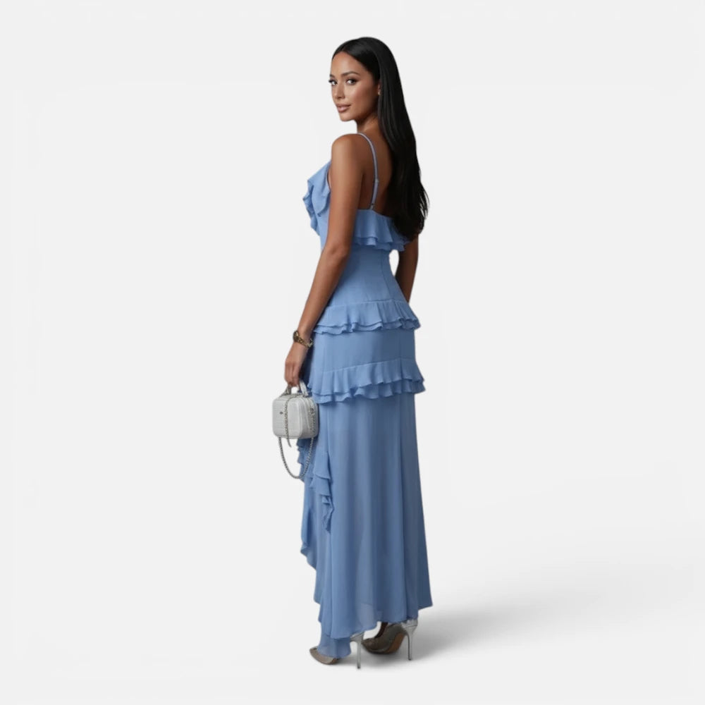 Robe Longue Asymétrique à Volants et Fines Bretelles