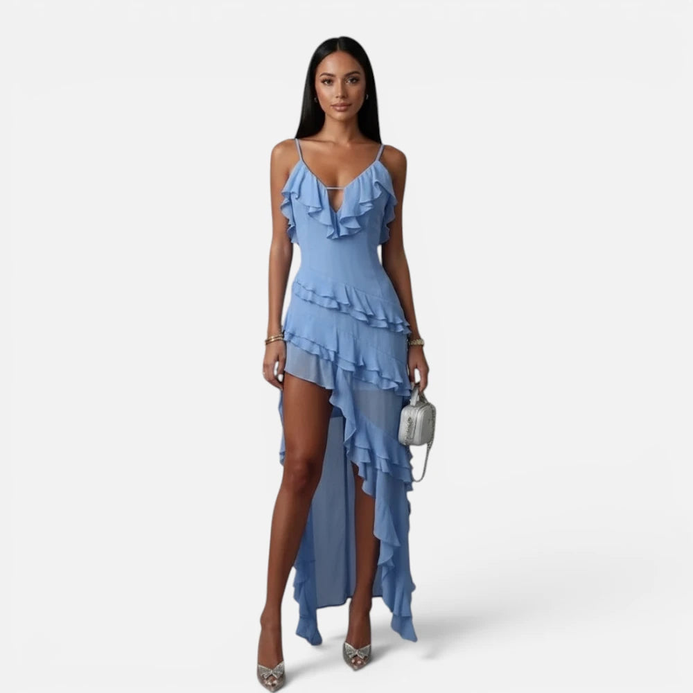 Robe Longue Asymétrique à Volants et Fines Bretelles