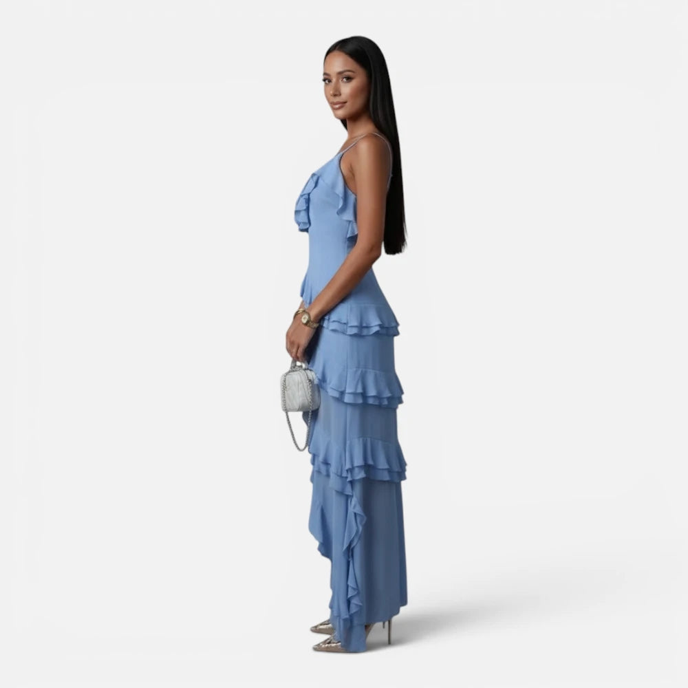 Robe Longue Asymétrique à Volants et Fines Bretelles