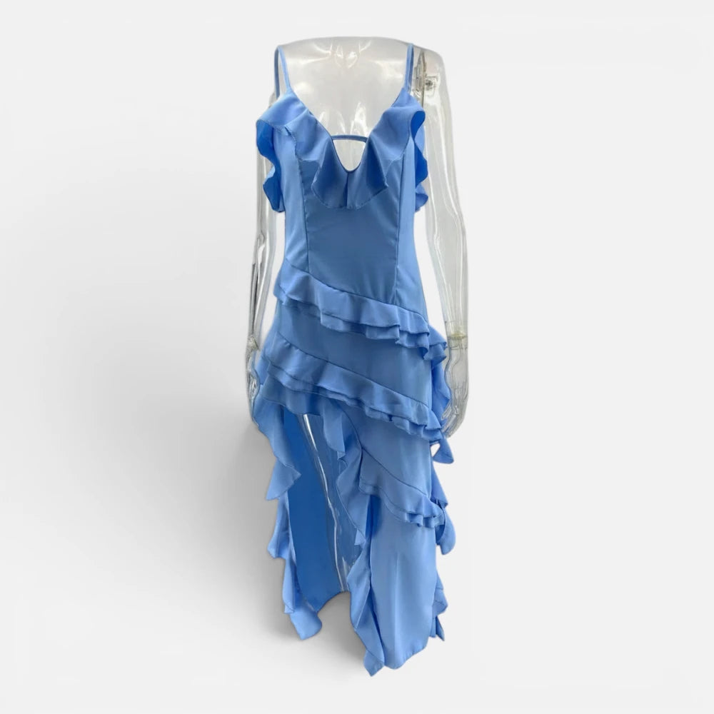 Robe Longue Asymétrique à Volants et Fines Bretelles