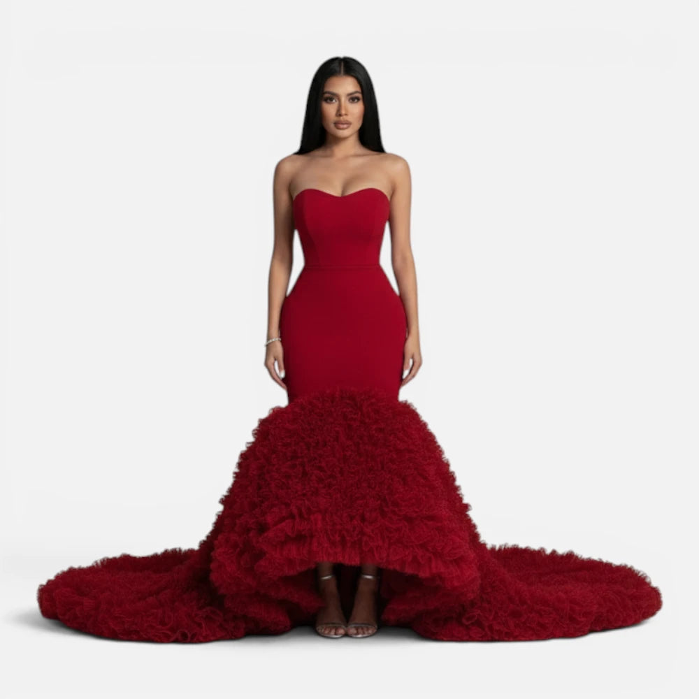 Robe de Soirée Sirène Bustier avec Cascade de Volants