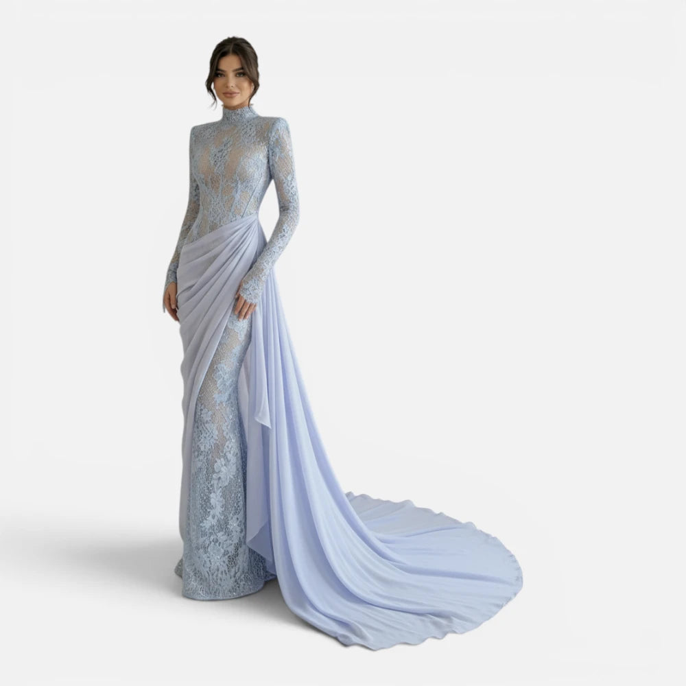 Robe de Soirée Sirène en Dentelle à Col Montant avec Traîne