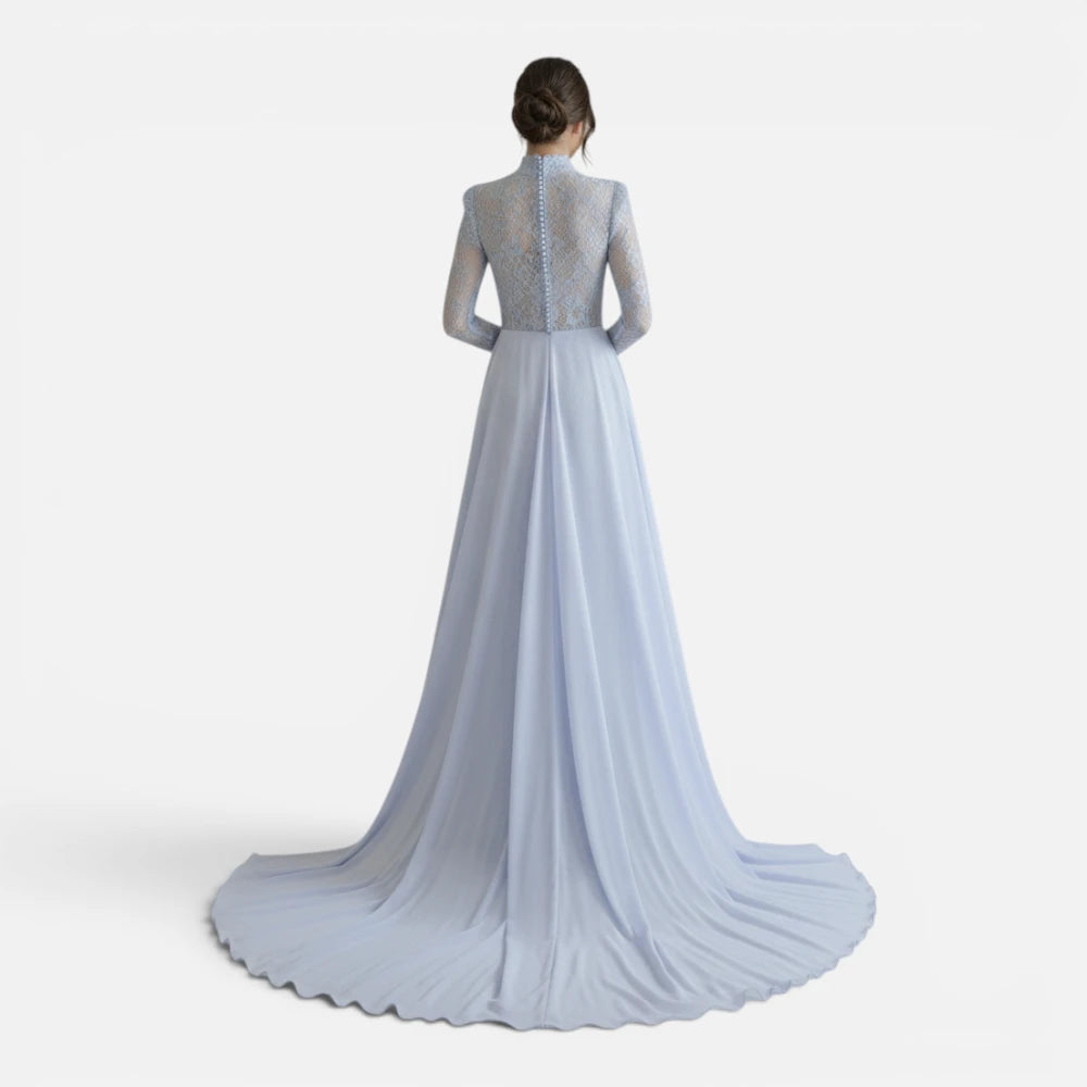 Robe de Soirée Sirène en Dentelle à Col Montant avec Traîne