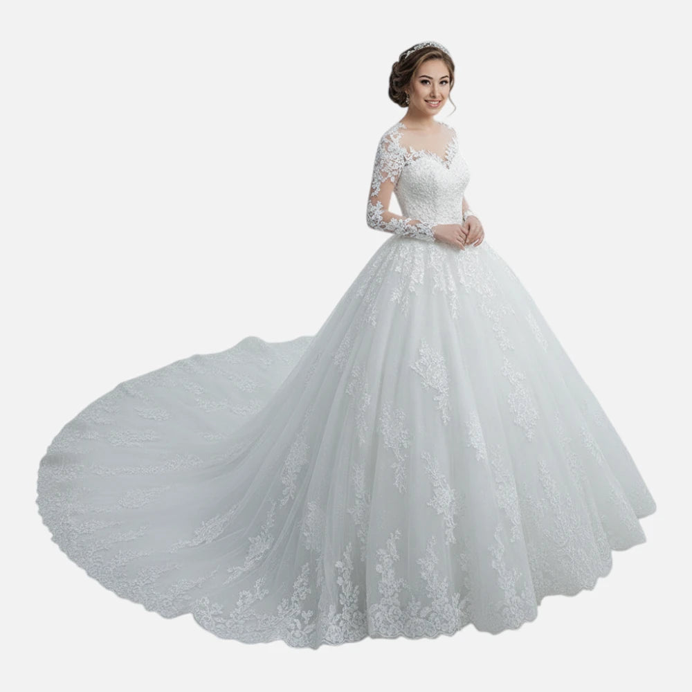 Robe de Mariée Princesse à Manches Longues en Dentelle