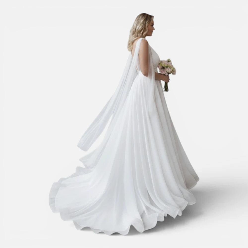 Robe de Mariée en Organza et Tulle avec Bretelles Cape