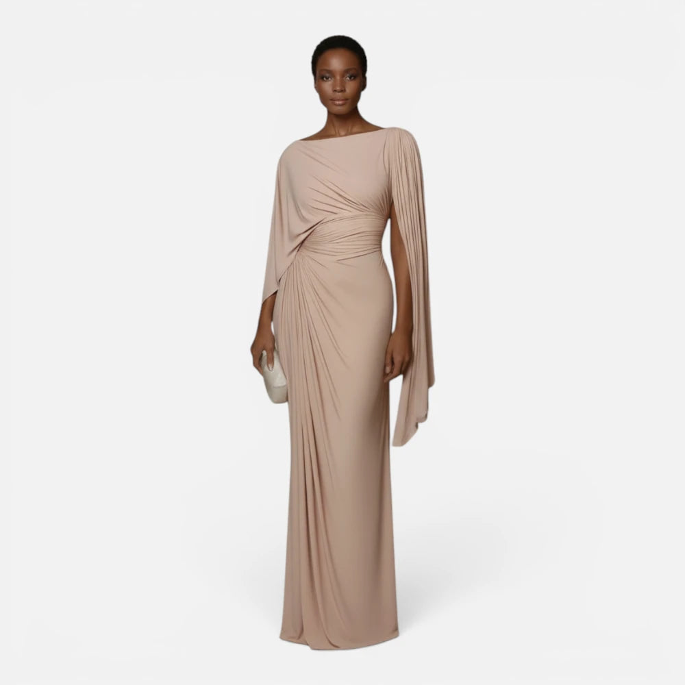 Robe Longue de Banquet Drapée avec Manche Cape Plissée