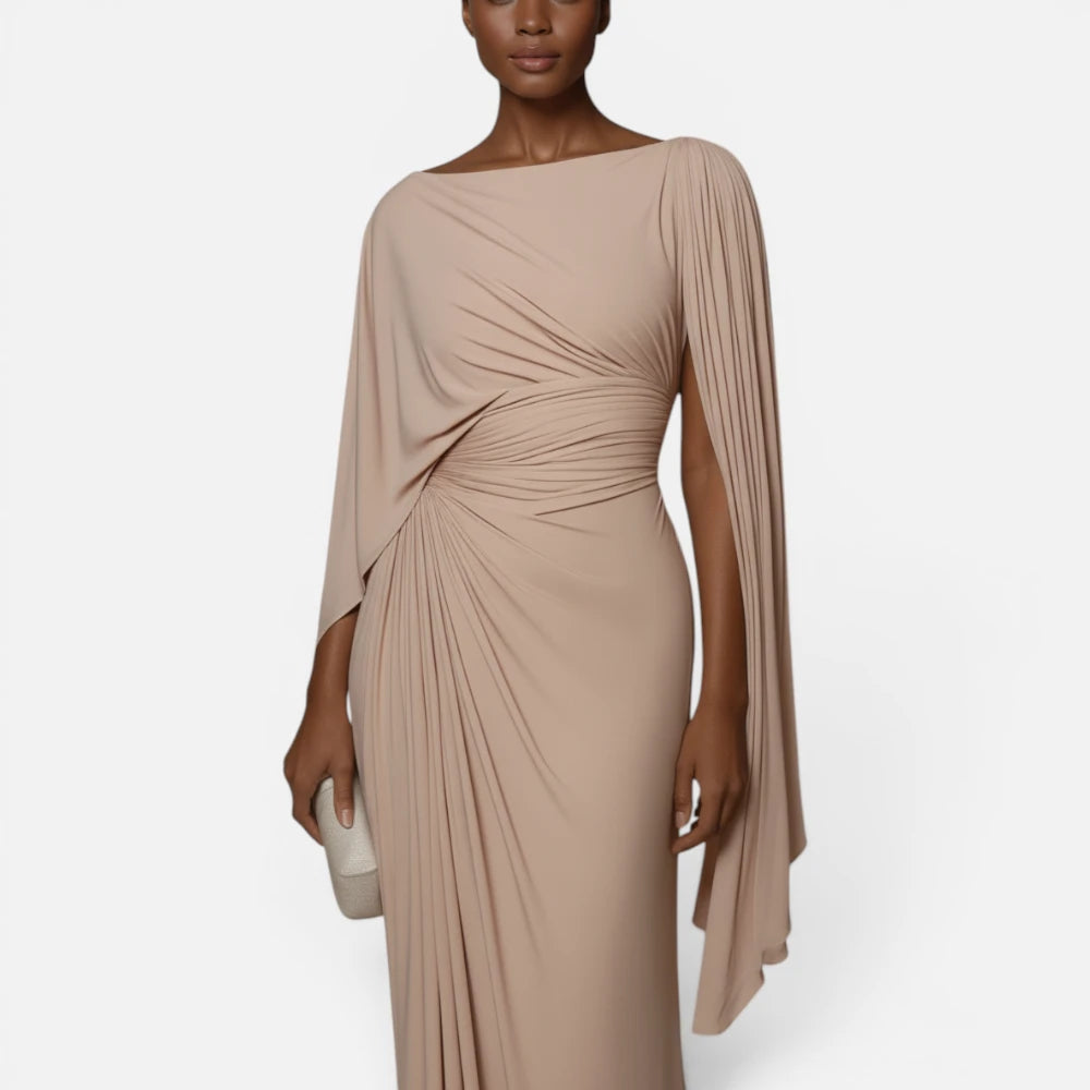 Robe Longue de Banquet Drapée avec Manche Cape Plissée
