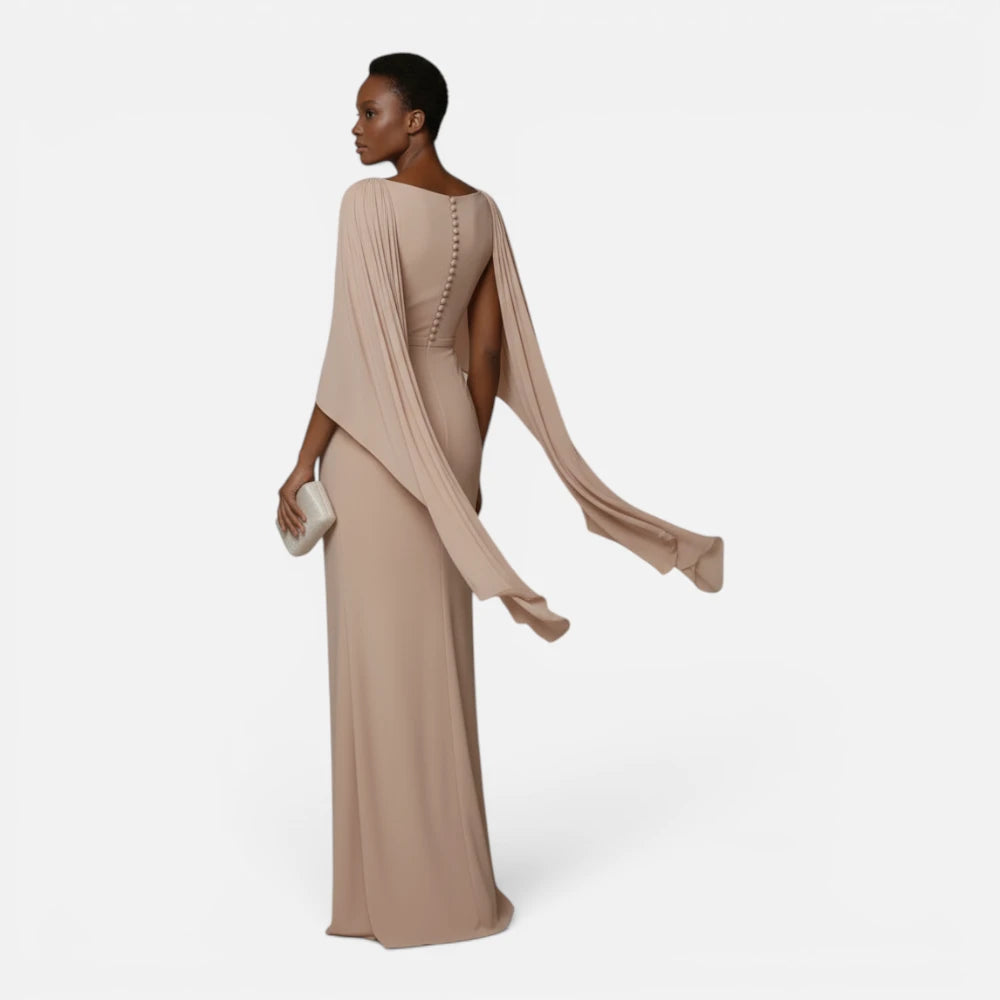 Robe Longue de Banquet Drapée avec Manche Cape Plissée