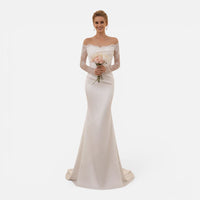 Robe de Mariée Sirène en Satin avec Manches Longues en Dentelle