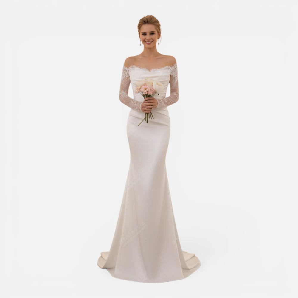 Robe de Mariée Sirène en Satin avec Manches Longues en Dentelle