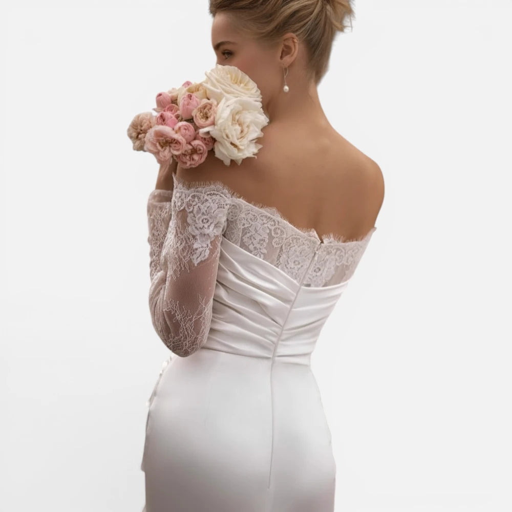 Robe de Mariée Sirène en Satin avec Manches Longues en Dentelle