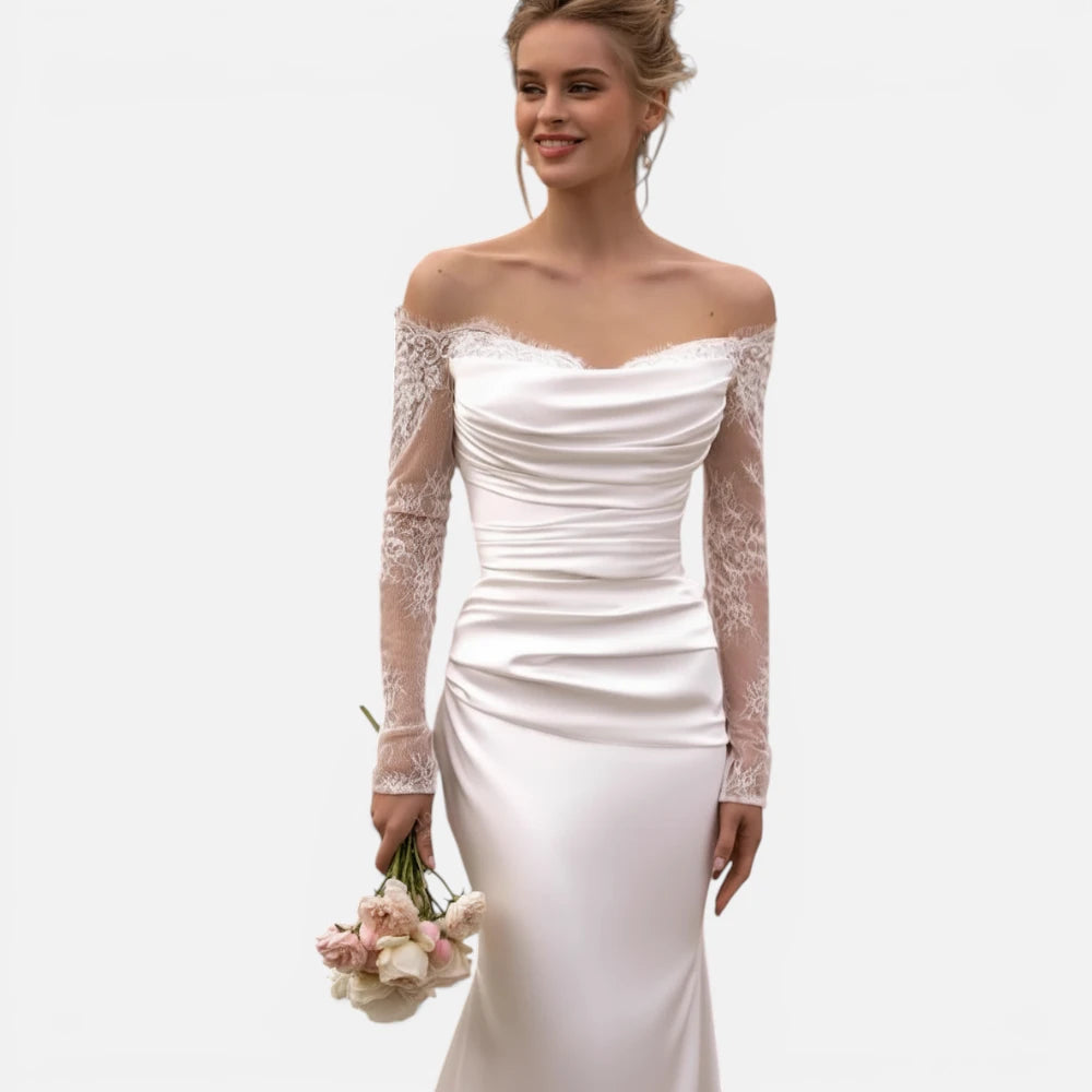 Robe de Mariée Sirène en Satin avec Manches Longues en Dentelle
