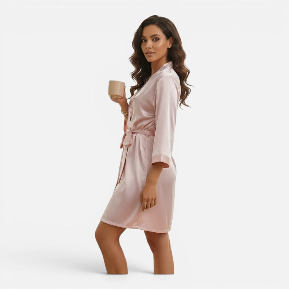 Robe de Chambre Courte en Satin Soyeux avec Ceinture