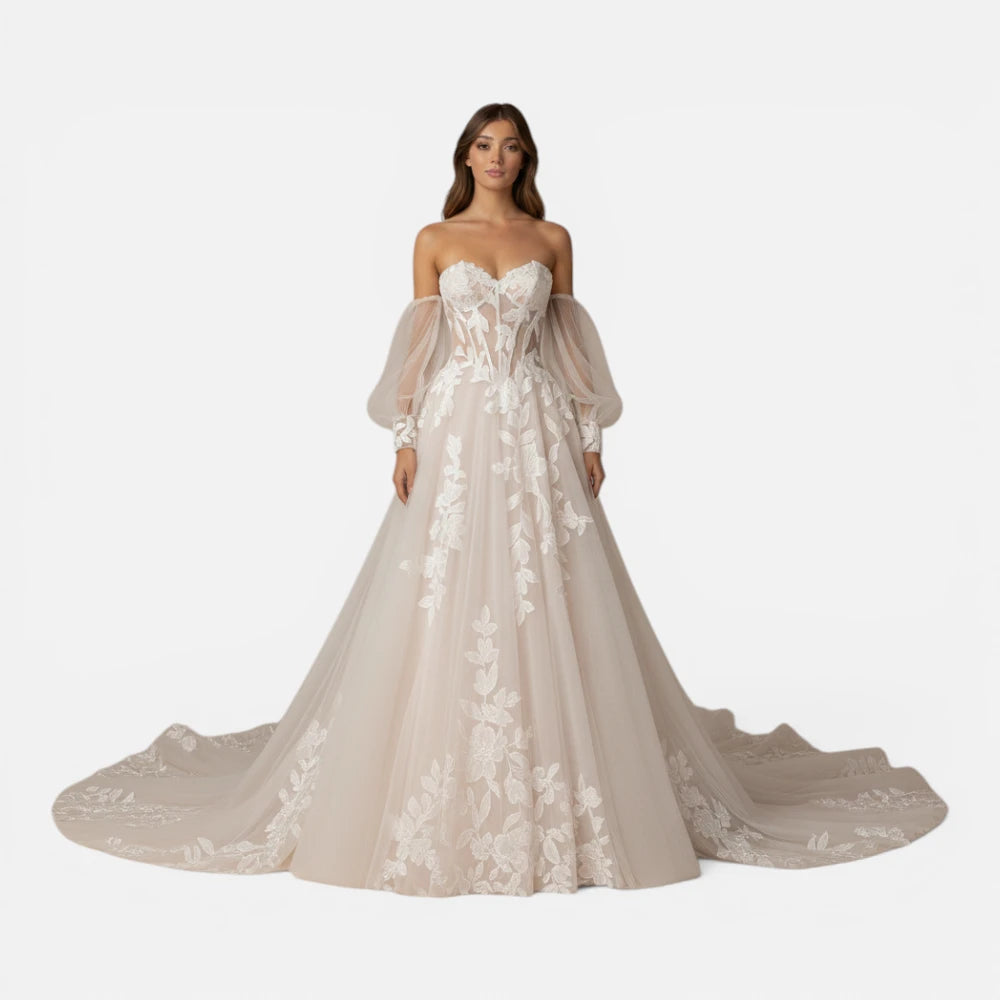 Robe de Mariée Ligne A en Tulle avec Appliques Florales