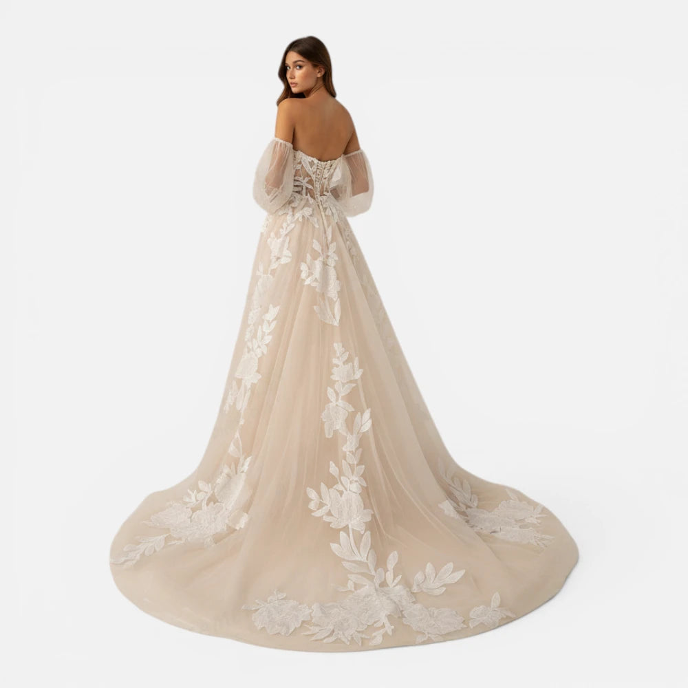 Robe de Mariée Ligne A en Tulle avec Appliques Florales
