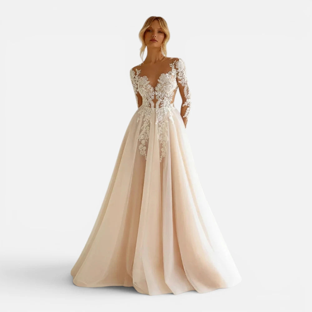 Robe de Mariée Ligne A à Manches Longues et Dentelle Illusion