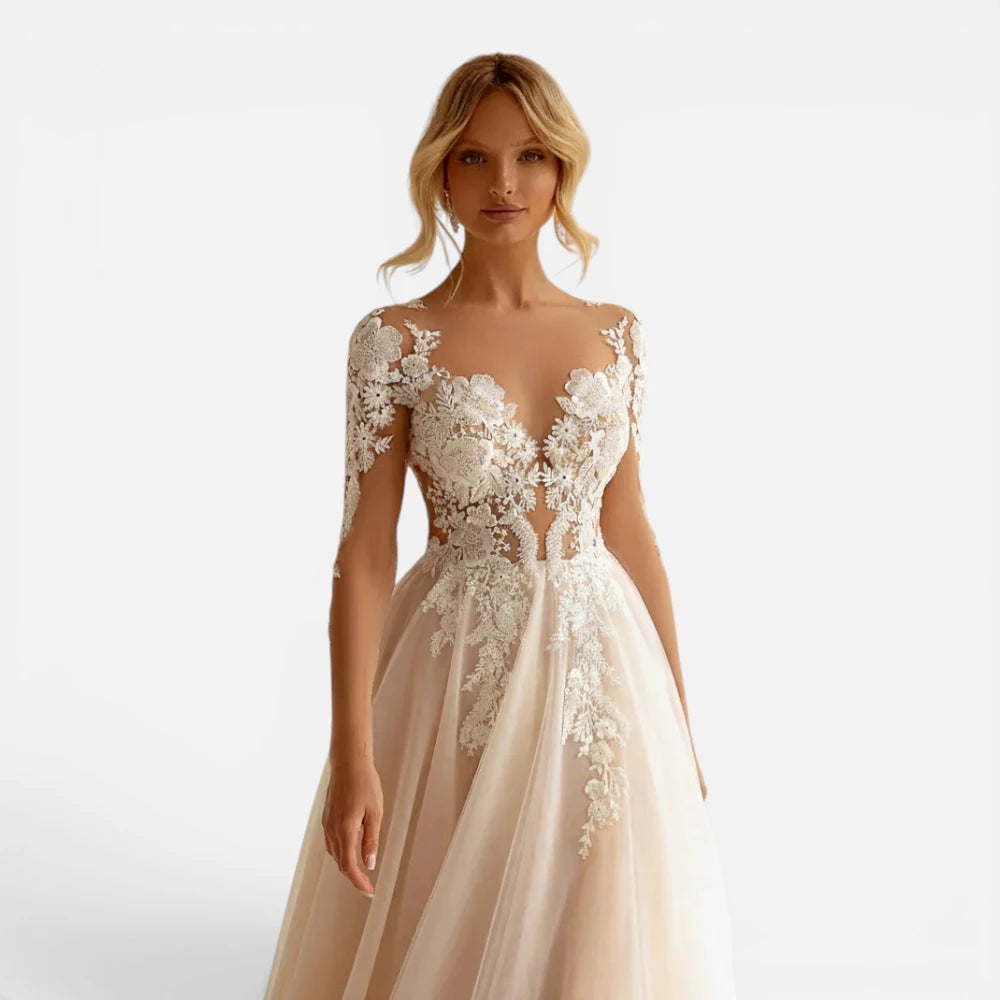Robe de Mariée Ligne A à Manches Longues et Dentelle Illusion