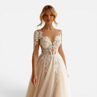 Robe de Mariée Ligne A à Manches Longues et Dentelle Illusion