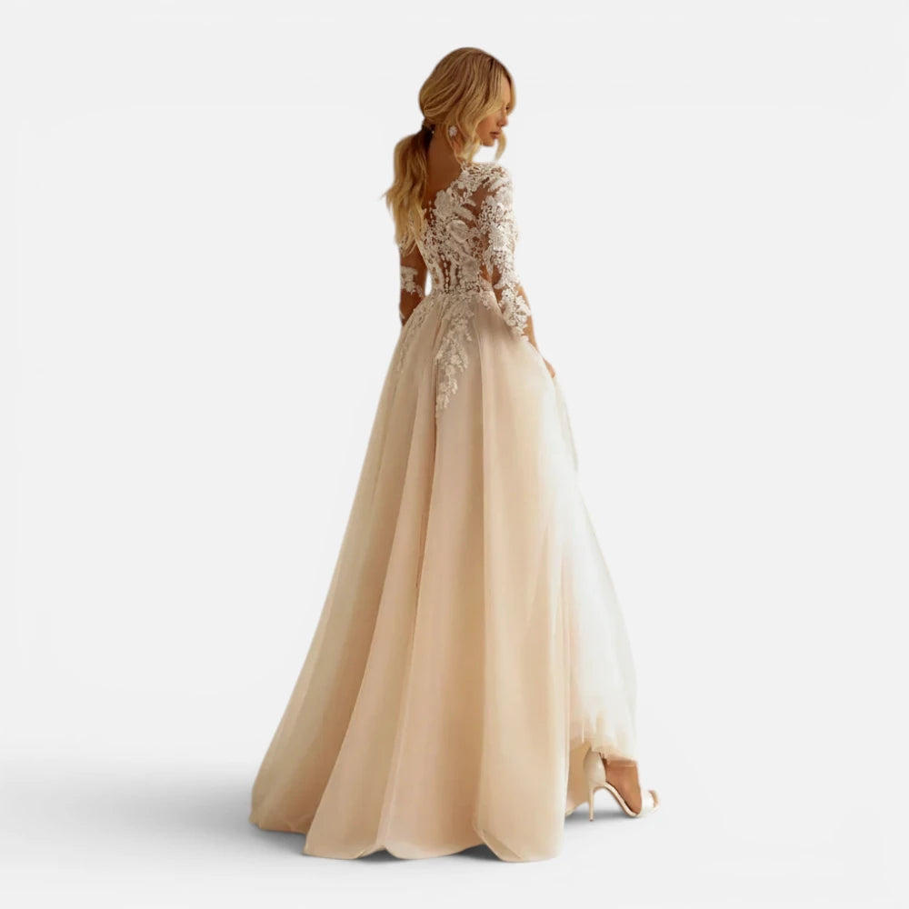 Robe de Mariée Ligne A à Manches Longues et Dentelle Illusion