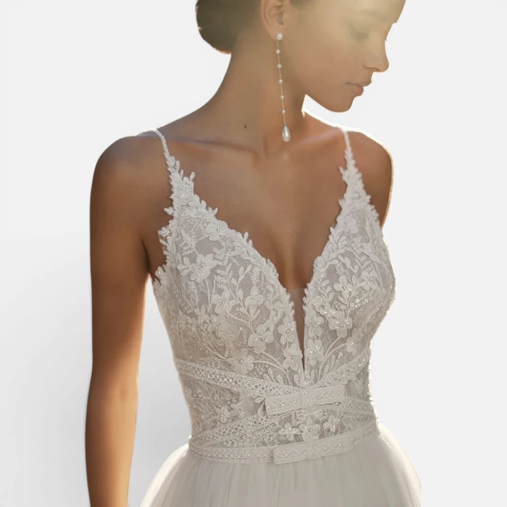 Robe de Mariée Bohème en Tulle et Dentelle Appliquée