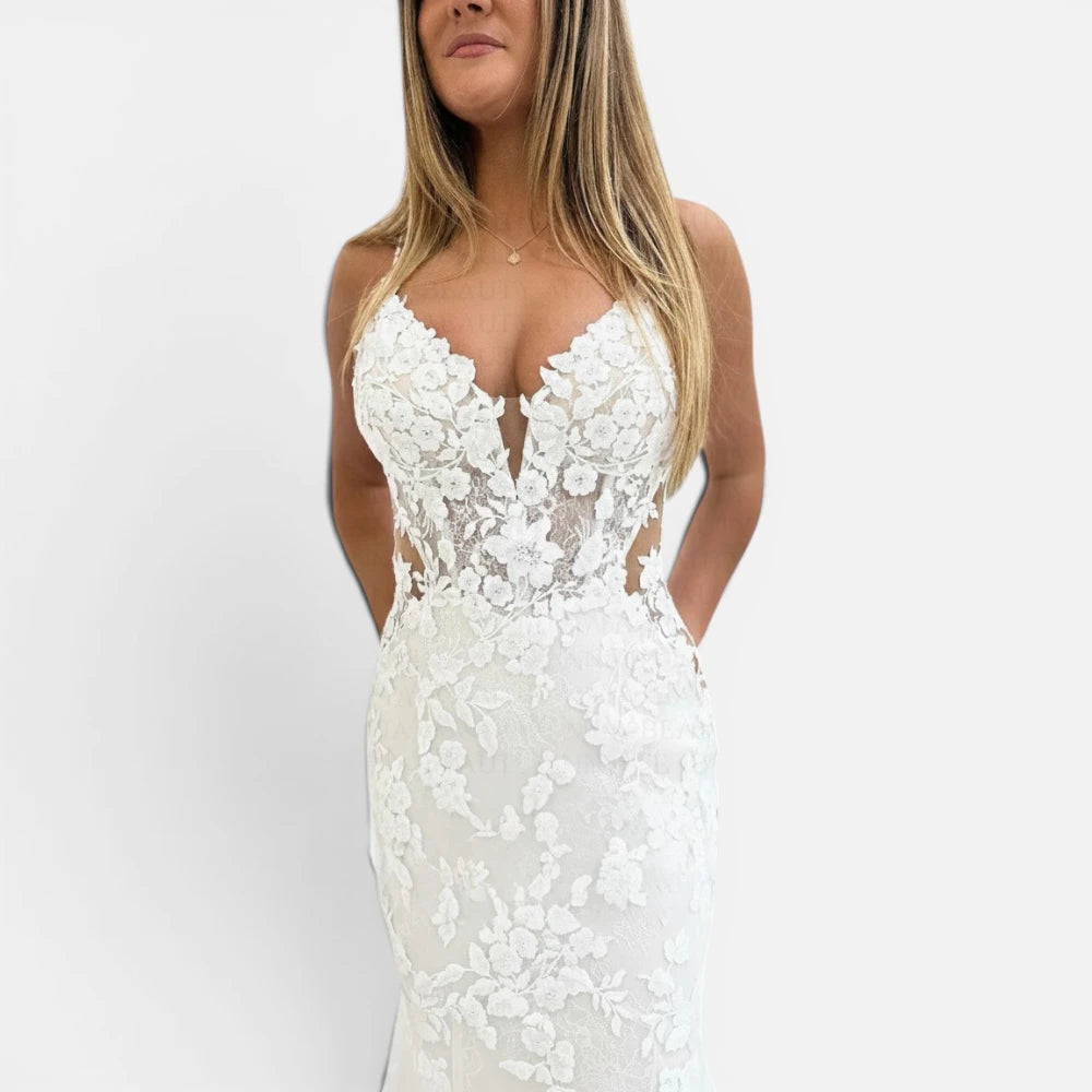 Robe de Mariée Sirène à Bretelles Spaghetti et Dentelle