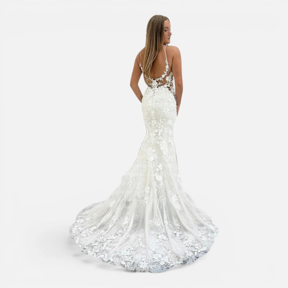 Robe de Mariée Sirène à Bretelles Spaghetti et Dentelle