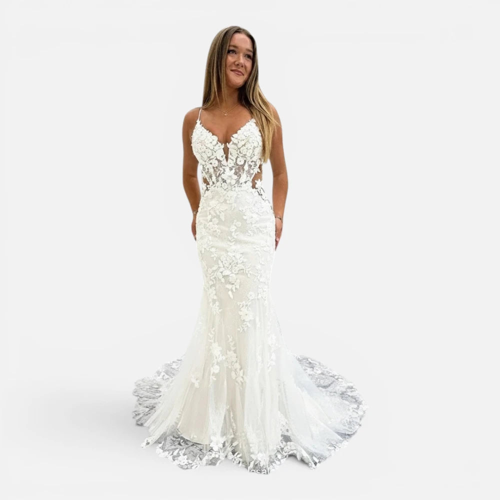 Robe de Mariée Sirène à Bretelles Spaghetti et Dentelle