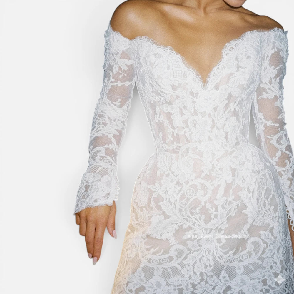 Mini-Robe de Mariée Civile en Dentelle à Épaules Dénudées