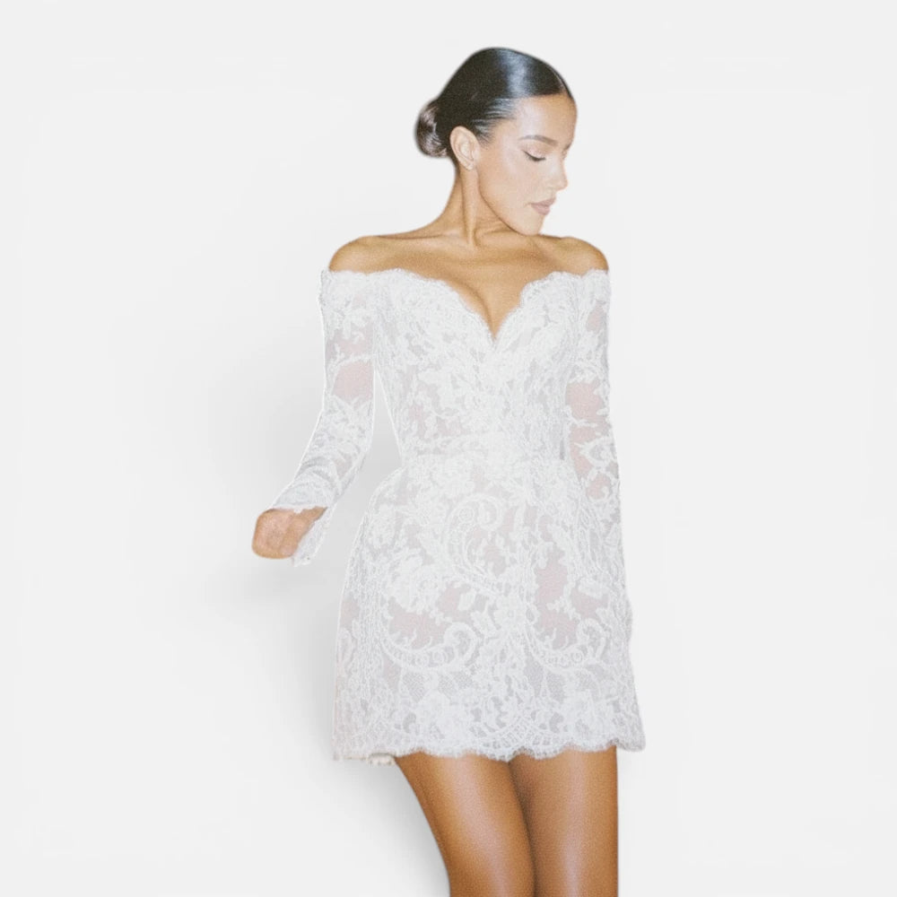 Mini-Robe de Mariée Civile en Dentelle à Épaules Dénudées
