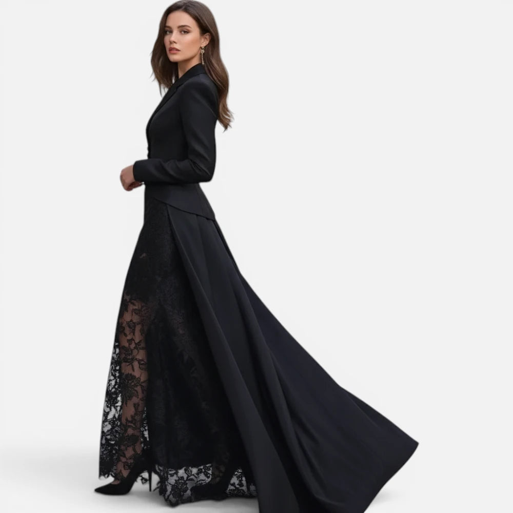 Robe Blazer Longue Ajustée à Manches Longues et Dentelle