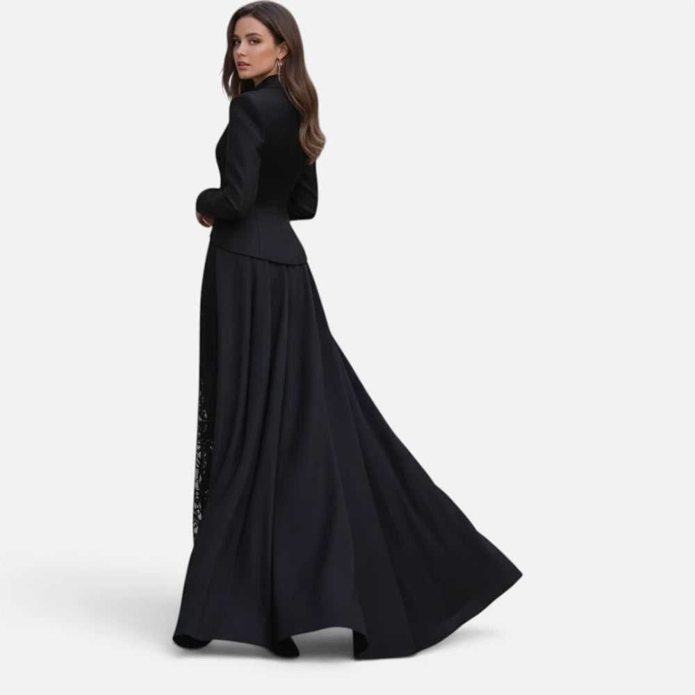 Robe Blazer Longue Ajustée à Manches Longues et Dentelle