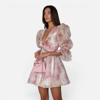 Mini-Robe Fleurie Bouffante à Manches Ballons et Fleurs 3D