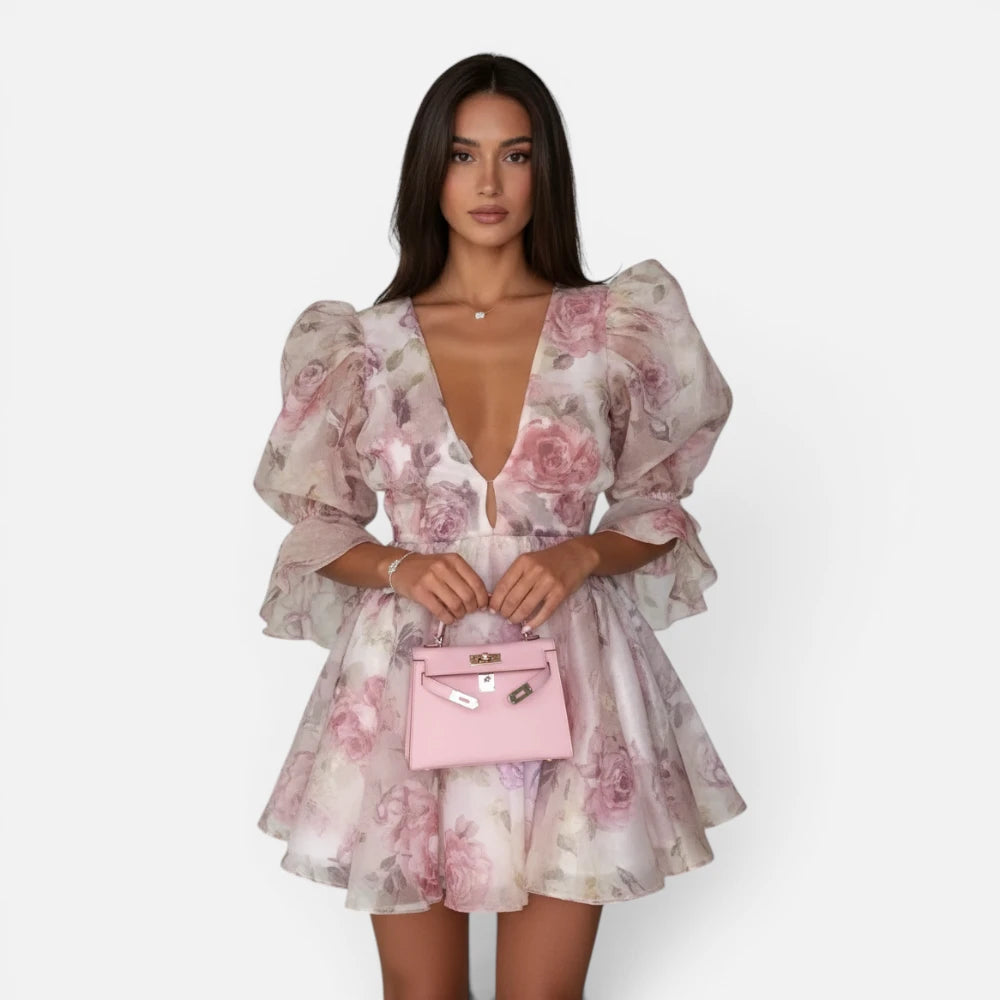 Mini-Robe Fleurie Bouffante à Manches Ballons et Fleurs 3D