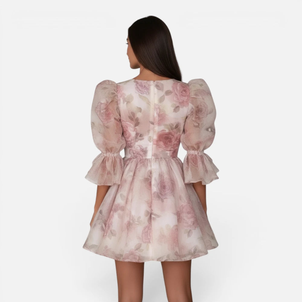 Mini-Robe Fleurie Bouffante à Manches Ballons et Fleurs 3D