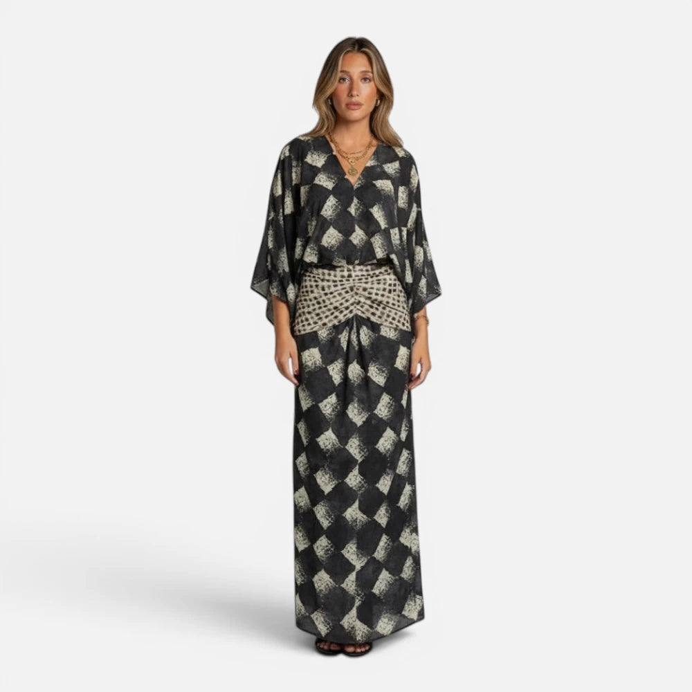 Robe Longue Fluide à Imprimé Damier et Manches Chauve-Souris