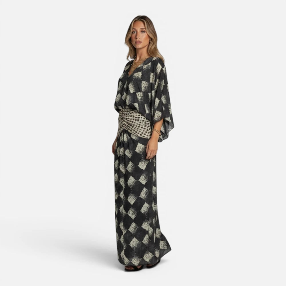 Robe Longue Fluide à Imprimé Damier et Manches Chauve-Souris