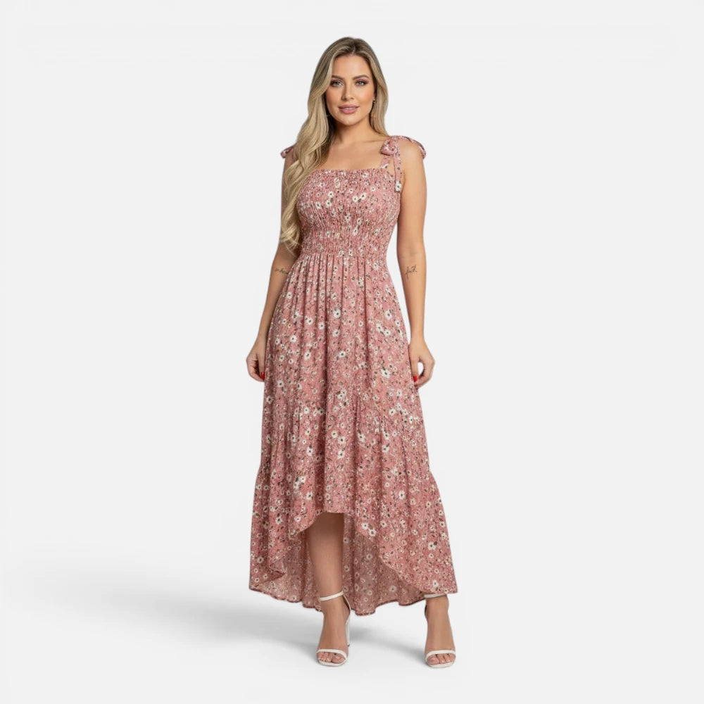 Robe Longue Fleurie à Buste Smocké et Bretelles à Nouer