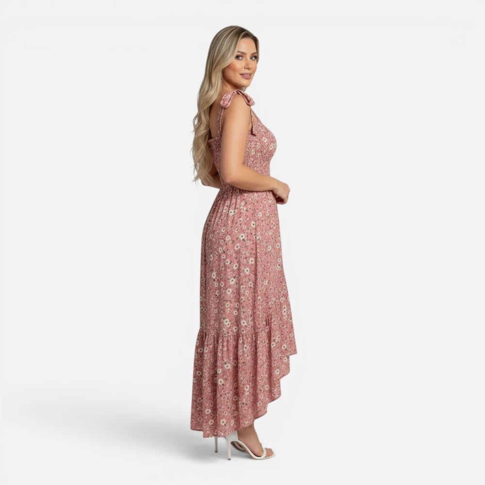 Robe Longue Fleurie à Buste Smocké et Bretelles à Nouer