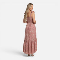 Robe Longue Fleurie à Buste Smocké et Bretelles à Nouer