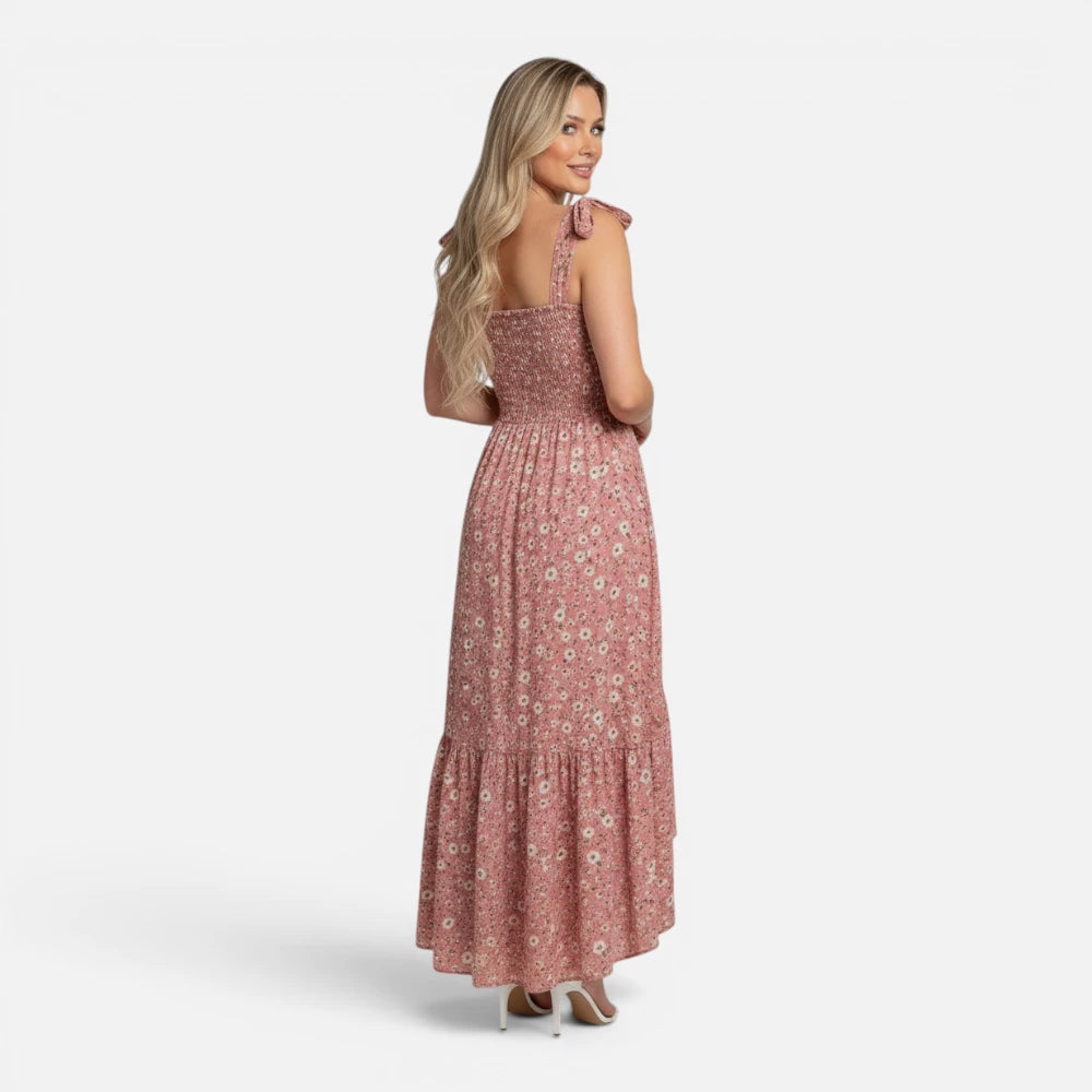 Robe Longue Fleurie à Buste Smocké et Bretelles à Nouer
