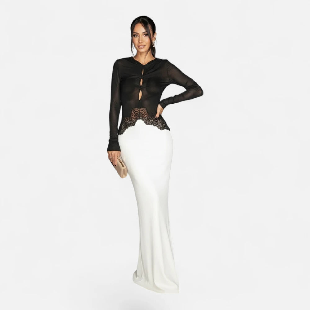 Robe Longue Bicolore Noir et Blanc à Manches Longues