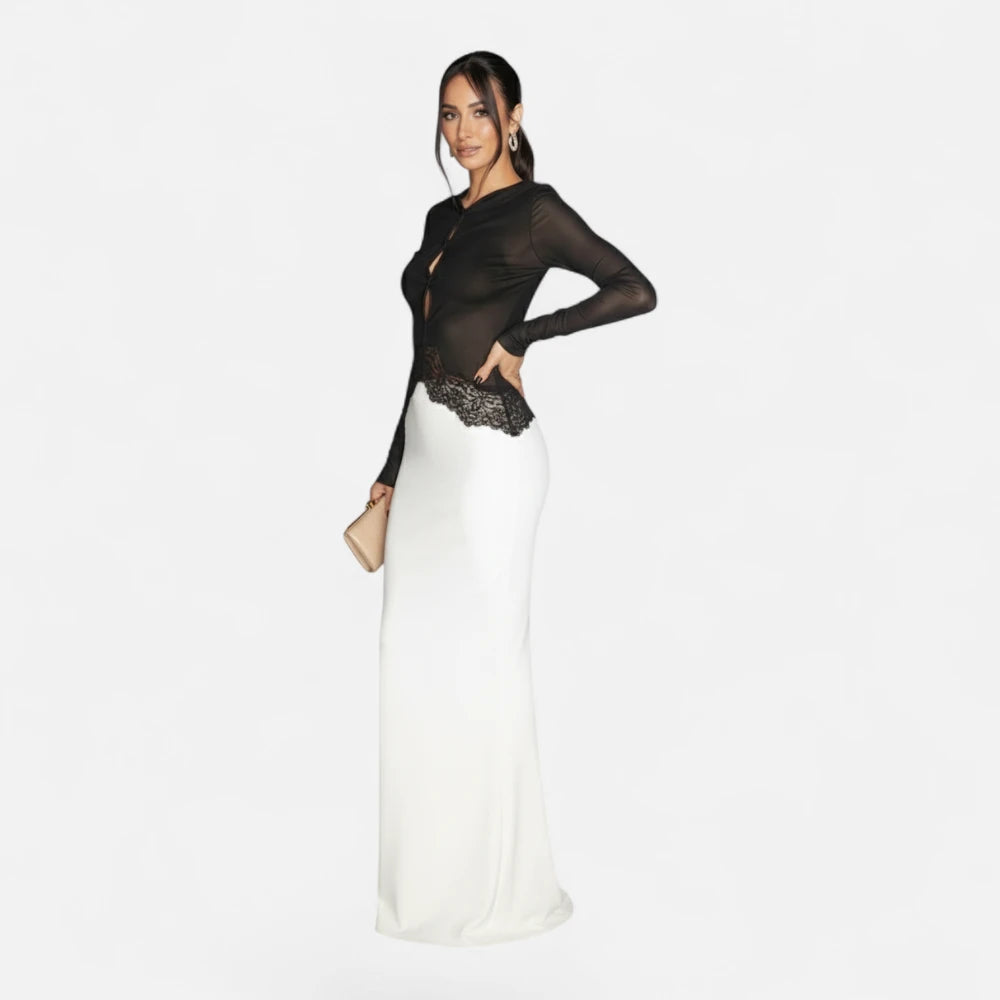 Robe Longue Bicolore Noir et Blanc à Manches Longues