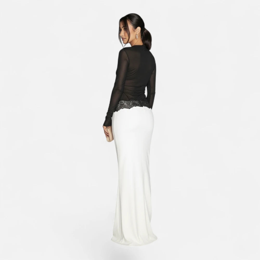 Robe Longue Bicolore Noir et Blanc à Manches Longues