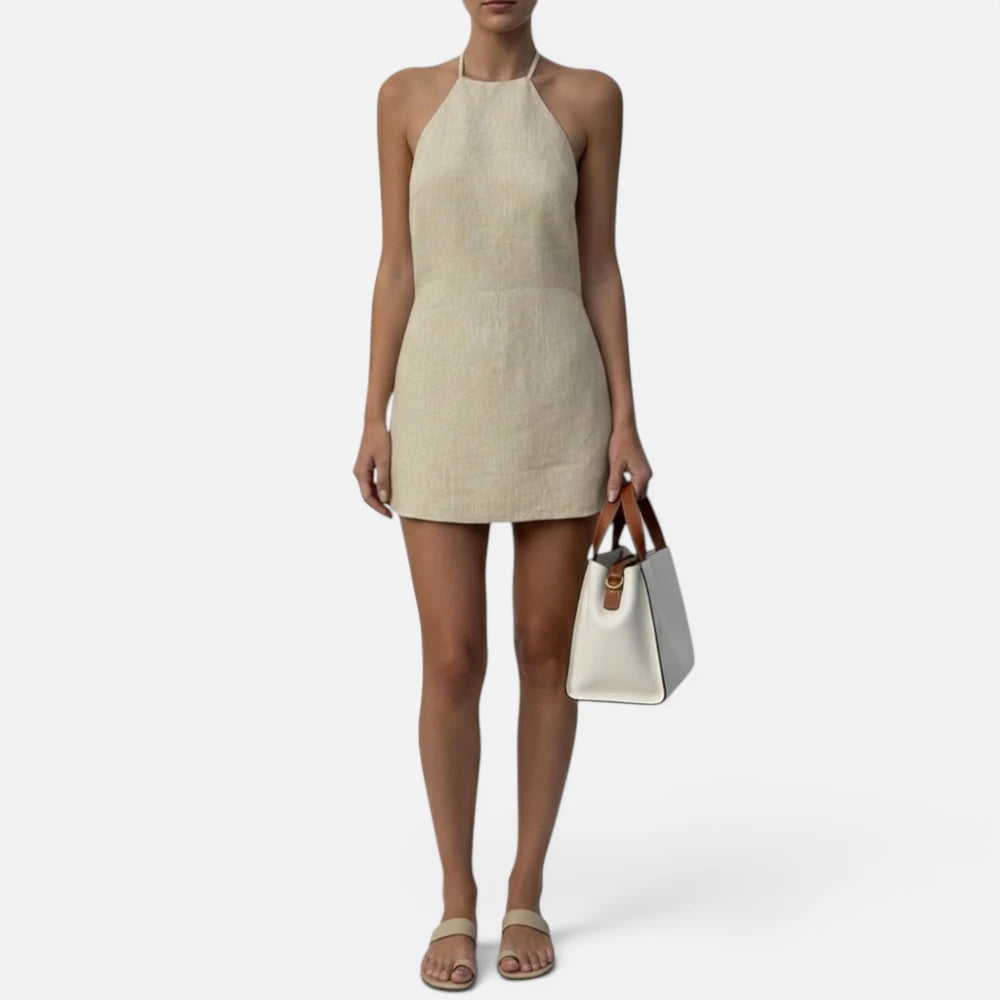 Mini-Robe d'Été en Coton et Lin à Col Licou