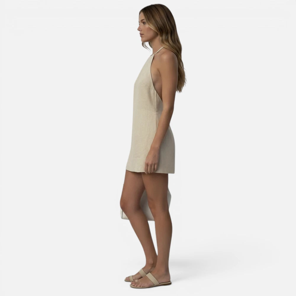 Mini-Robe d'Été en Coton et Lin à Col Licou