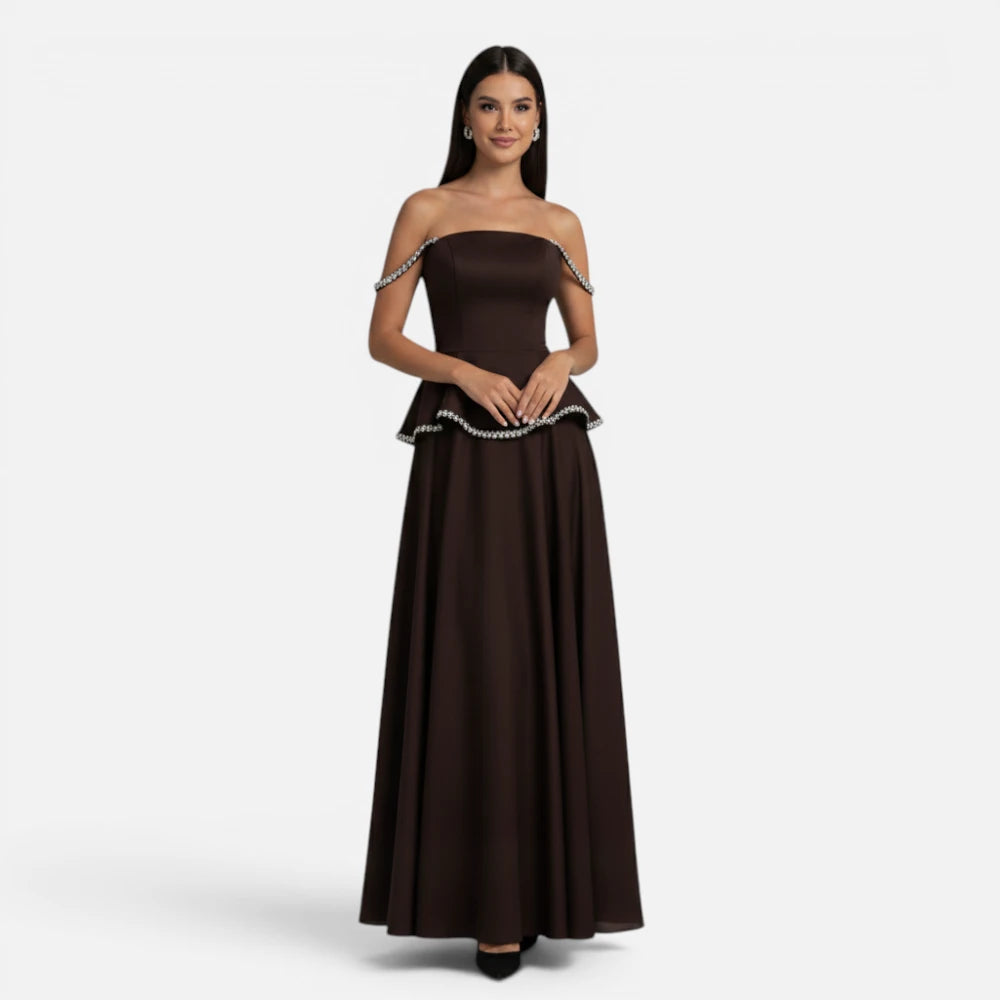 Robe de Soirée Longue en Mousseline avec Bustier à Strass