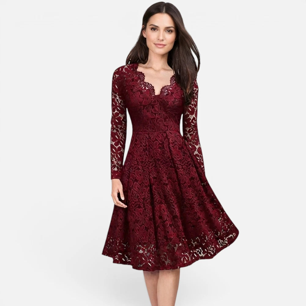 Robe Mi-Longue en Dentelle Évasée à Manches Longues
